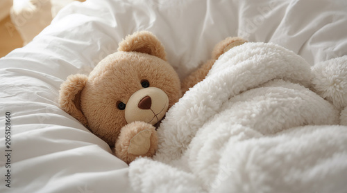 Cute Brown Teddy Bear Sleeping Under a Soft White Fluffy Blanket in a Cozy Bed