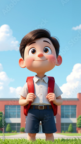 A cheerful boy stands in front of his school, wearing a shirt and shorts, holding his backpack, enjoying the sunny weather and bright blue sky. Back to school concept. Generative AI.