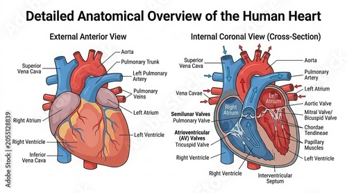 Anatomical diagram of human heart external and internal view illustration