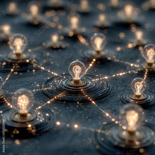 Floating light bulb network and  glowing idea concept with connected node  digital innovation web, abstract technology background