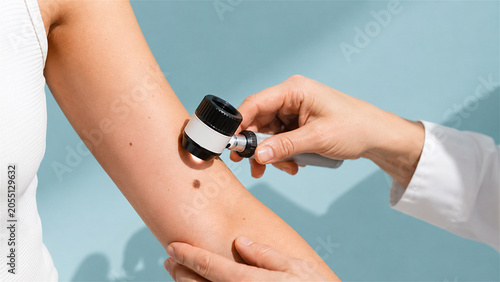 dermatologist using dermatoscope to examine mole on woman arm. Skin cancer screening and checkup. Doctor performing clinical skin examination for medical diagnosis and health prevention