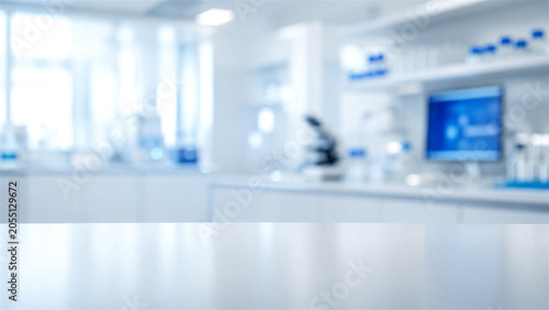 blurred laboratory background with empty workbench for product placement. Scientific research center interior with computer and equipment. Microbiology, chemistry or medical study base
