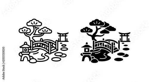 Japanese Garden Vector Icons, Zen Landscape Elements, Tranquil Scenery