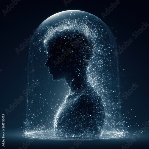 Digital privacy concept human silhouette cyber security data protection network cloud glowing particle dark background abstract technology digital identity secure ecosystem