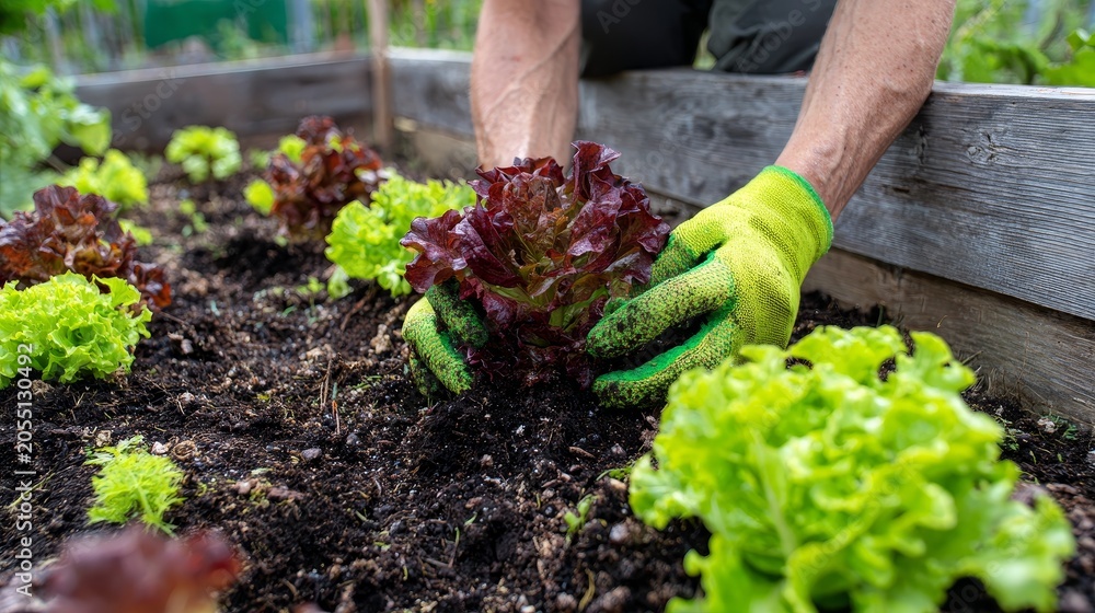 Fototapeta premium Gardener aerating soil in lettuce bed to improve root growth and cultivation, showing organic gardening, vegetable farming, soil care, sustainable agriculture and healthy crop production