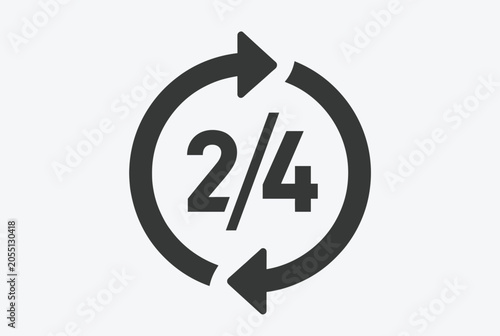 Simple 24-7 service symbol with circular arrows and numbers in bold black text on a light background for around the clock business.