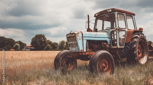 Old rusty farm tractor in corn field with vintage rural machinery, agriculture, farming, harvest, countryside landscape and weathered equipment showing age, history and traditional field work