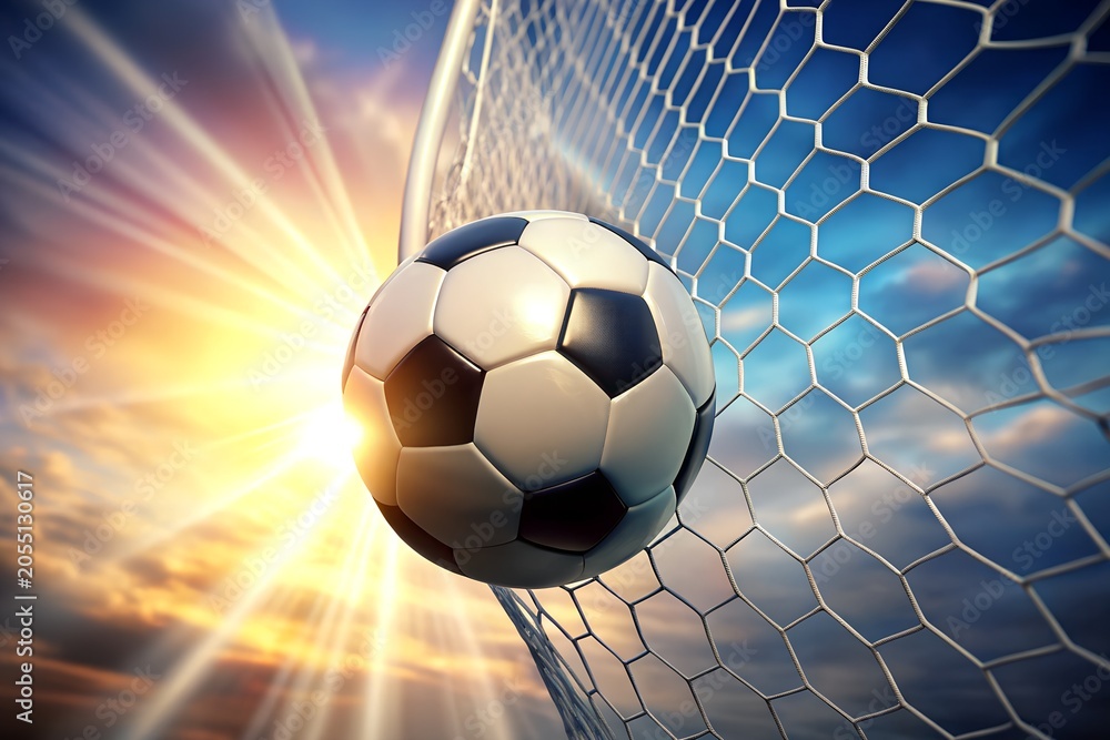 Naklejka premium Soccer ball hitting the net with dynamic colorful streaks, football goal celebration illustration. g.
