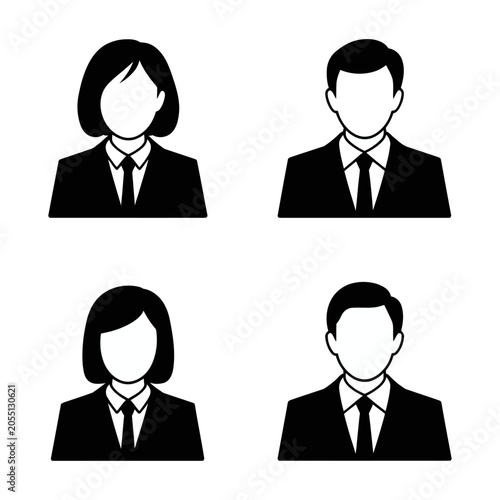 Business people icons: male and female silhouettes in suits