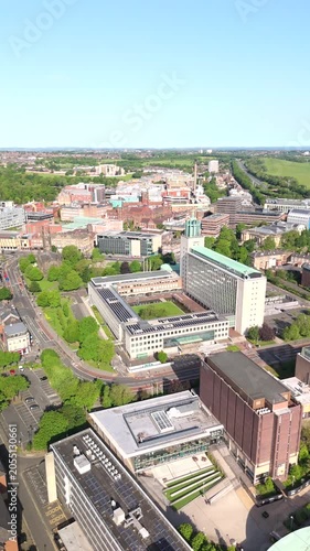 Newcastle upon Tyne UK: 25th May 2026: Drone footage city of Newcastle upon Tyne displays a wide view of buildings and roads structured in the skyline. The scene takes place during daylight with clear