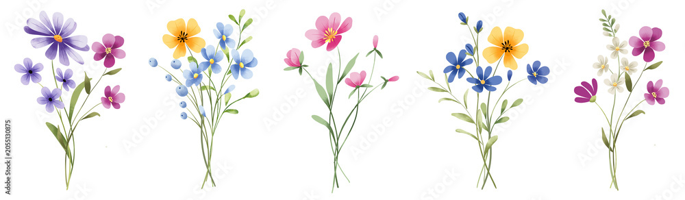 Fototapeta premium Flowers and leaves set, bouquets, digital illustration, summer design, watercolor hand painting. Perfectly for printing, sublimation. 