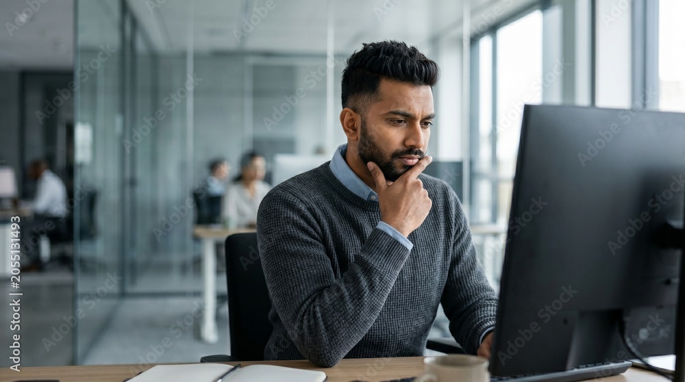 Obraz premium Indian male software developer analyzing code on monitor screen at modern IT office desk. Focused South Asian businessman or system analyst working on online data processing layout online.