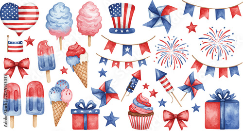 Watercolor collection of patriotic elements for fourth of july celebration featuring ice cream fireworks gift boxes and american flag themed decorations