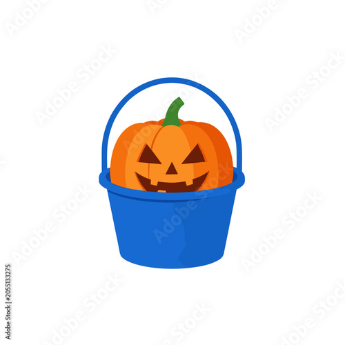 Halloween Pumpkin in Blue Trick-or-Treat Bucket, Isolated Vector Illustration for Festive Design and Seasonal Projects