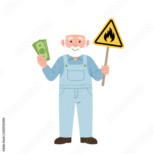 Old Man Worker Holding Money and Fire Hazard Sign, Isolated Vector Illustration for Safety or Financial Concept