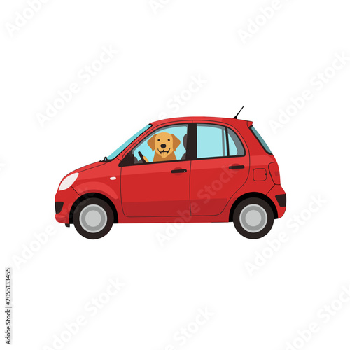 Red Car with Happy Dog Driver Vector Illustration, Isolated Transparent Background for Web App UI Design