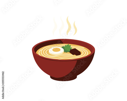 Steaming Bowl of Ramen Noodle Soup with Egg and Green Onion, Isolated Vector Illustration for Food Design