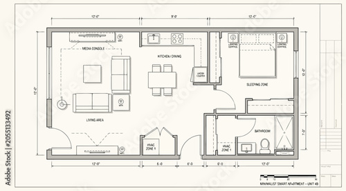 Tableau sur toile Architectural floor plan of a onebedroom apartment with living area, kitchen, an