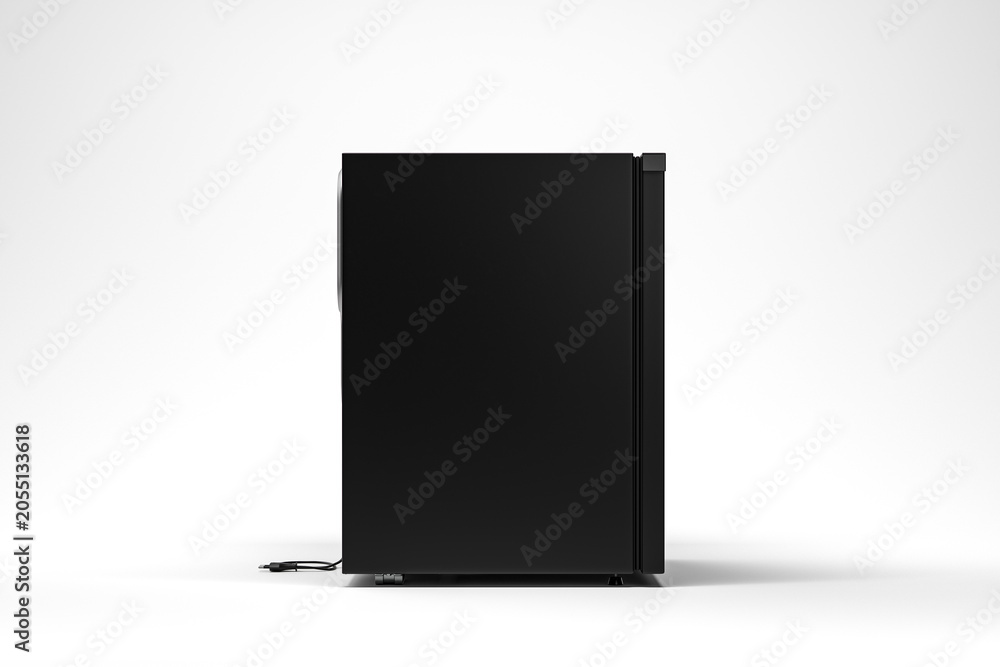 Obraz premium A sleek black mini fridge is displayed against a plain white background, showcasing its modern design and compact size. 3d render of small refrigerator