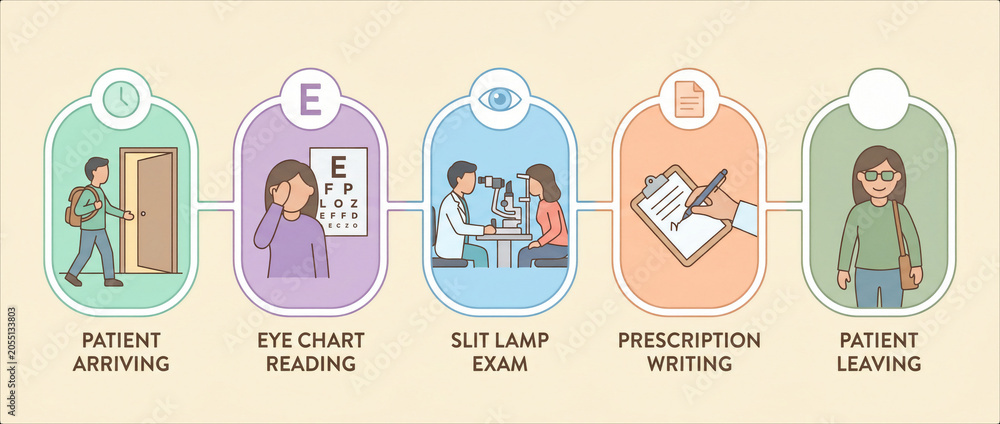 Fototapeta premium Ophthalmology examination equipment flat lay with slit lamp, trial lens and eye model. Copy space for text