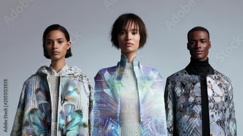 Three diverse fashion models stand confidently in futuristic, iridescent outerwear against a neutral background. Their avant garde style highlights innovation and modern elegance in fashion
