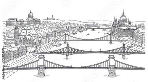 Konstfotografi Budapest skyline panorama with bridges and parliament building sketch