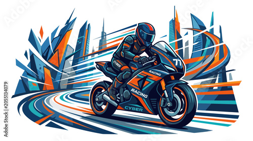 Schilderij op canvas Cyberpunk motorcyclist racing through a futuristic urban landscape