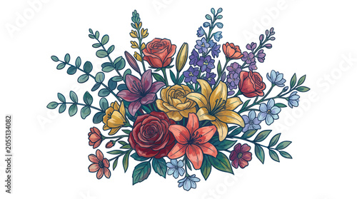 Fotografi Vibrant floral bouquet featuring roses lilies and green foliage