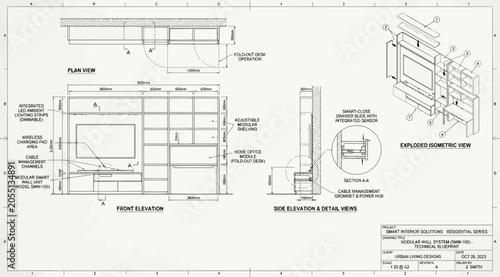Canvas Print Technical interior design drawing for a custom wall unit and entertainment cente