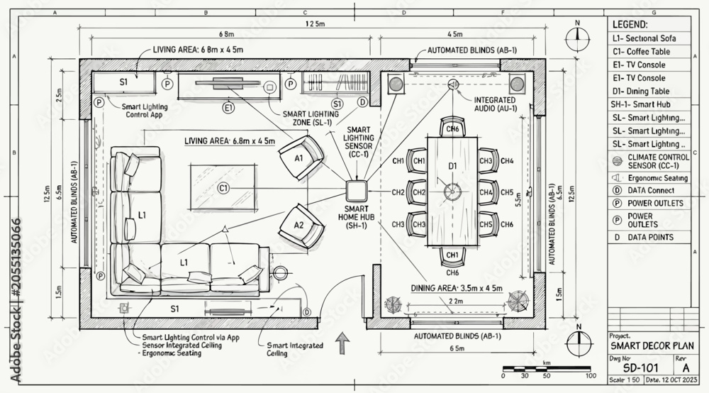 Obraz premium Smart decor plan for a living and dining area with lighting zones and furniture placement