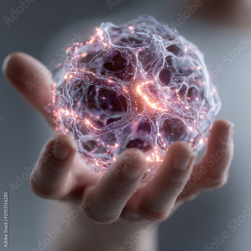 Futuristic innovation concept glowing holographic sphere in hand, abstract network of light and energy suggests human mind innovation concept with digital connection