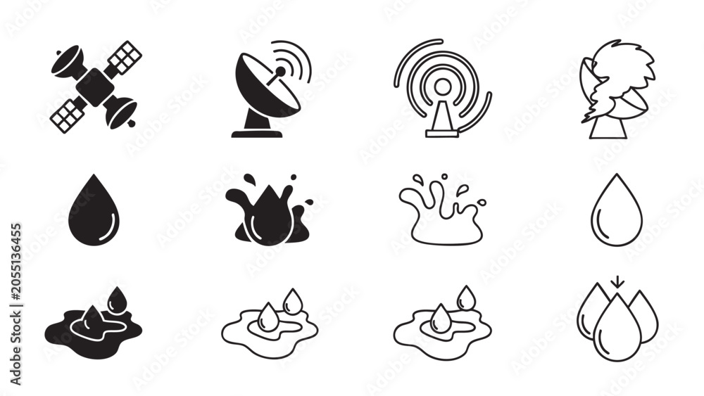 Fototapeta premium satellite dish signal icon set with energy and water droplet