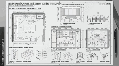 Εκτύπωση καμβά Detailed kitchen cabinetry and furniture layout technical drawing
