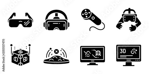 Virtual Reality and Augmented Reality Icons, VR Headset, 3D Glasses, Game Controller, Futuristic Technology Set