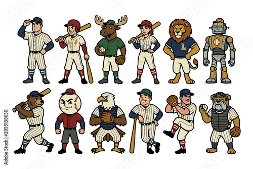 Baseball Mascot Characters Set with Animals and Human Players