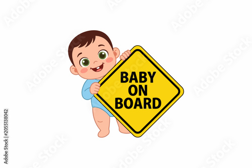 Fotografía Cartoon baby boy holding yellow baby on board sign