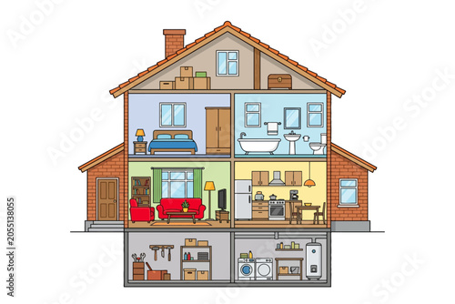 House cross-section illustration showing interior rooms and layout.