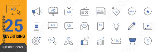 Advertising and marketing line icon set featuring promotions, media channels, discounts, analytics, branding, communication, and digital marketing tools in editable vector style.