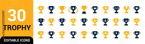Achievement and trophy icon set featuring awards, championships, rankings, recognition, success, leadership, teamwork, and performance achievements in editable vector style.