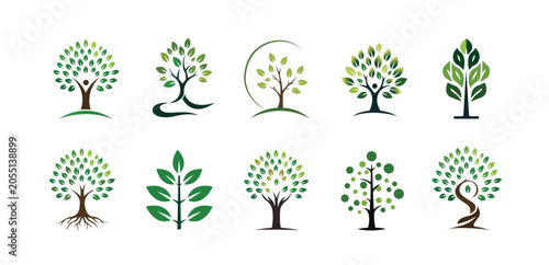 Green tree and nature logo collection featuring eco friendly leaves, organic growth, environmental sustainability, and natural branding concepts in modern vector design style.