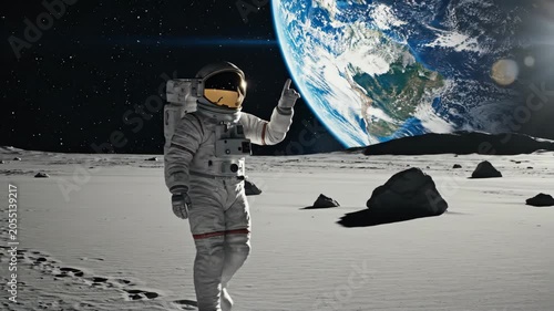 Astronaut in white space suit walks on lunar surface, pointing towards Earth, with rocky terrain and the planet visible in the background, showcasing the vastness of space
