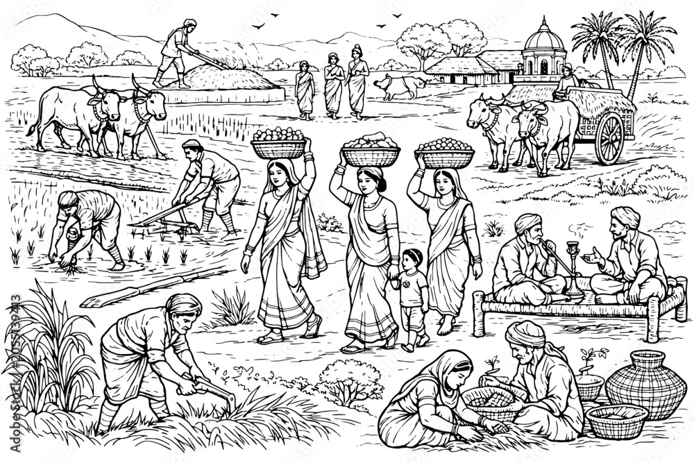 Obraz premium Indian Farmers and Village Workers Outline Illustration Pack