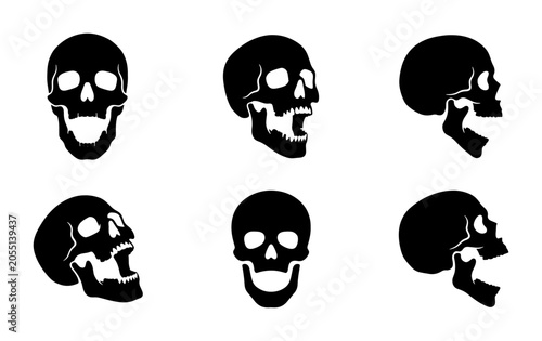 Six Black Skull Icons, Vector Set, Human Head Anatomy, Graphic Elements, Halloween Theme