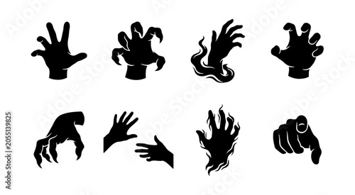 Spooky Silhouette Hands, Monster Claws, Pointing Finger, Vector Icons Set
