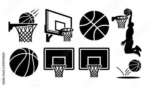 Basketball Icons Set, Sports Vector Graphics, Slam Dunk Silhouette, Hoop and Ball Collection