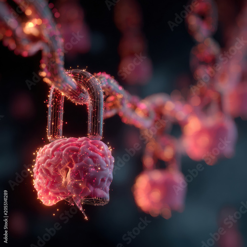 Glowing brain lock on chain with digital connection and secure innovation network, abstract data protection concept