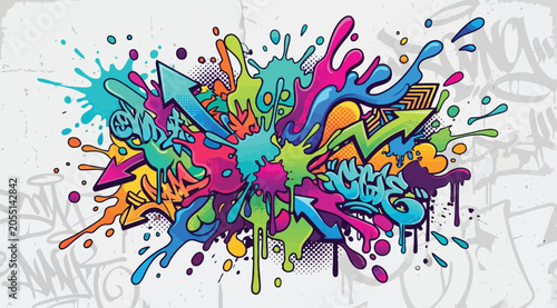 Slika na platnu Dynamic graffiti art composition with vibrant paint splashes, arrows, and abstra