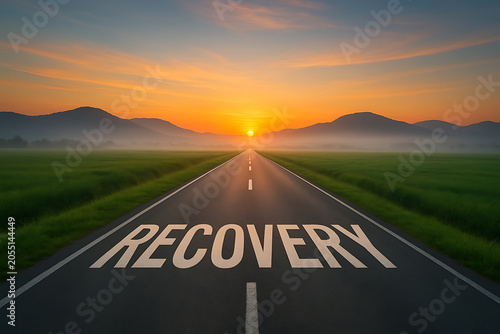 Empty asphalt road leading to a bright sunrise with recovery text written on it