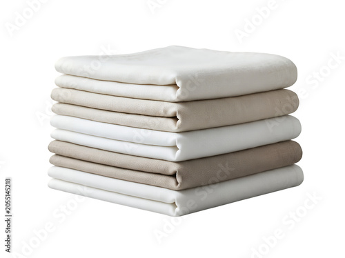 Stack of folded sheets, neutral colored bedding, soft fabrics, home textiles isolated on Transparent Background