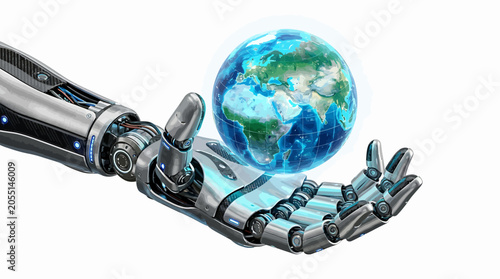 Robotic hand holding glowing earth globe against white background